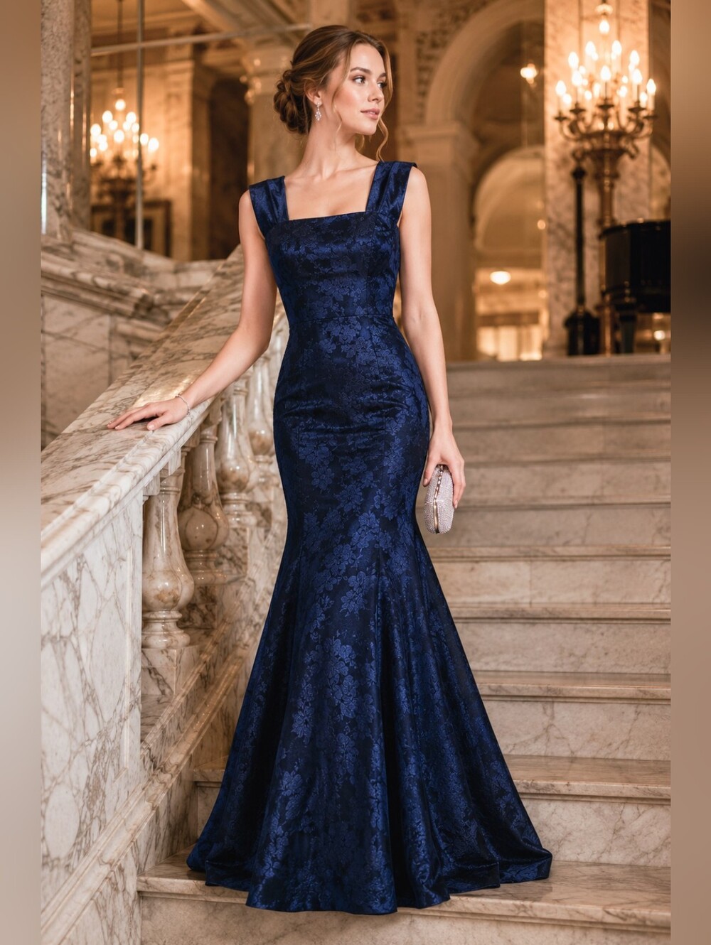 B. Darlin Floral Jacquard Mermaid Formal Evening Gown Junior 3/4 Square Neck